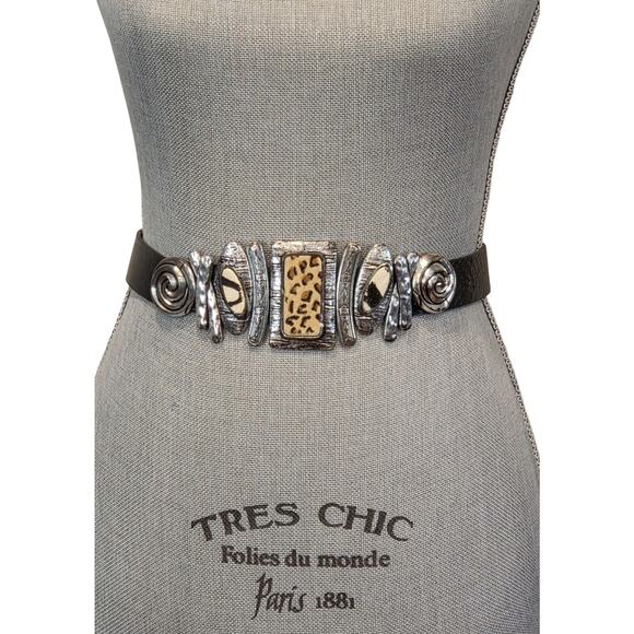 Chico’s Black Snake Embossed Leather Belt Animal Hair Abstract Silver Buckle S main image 8